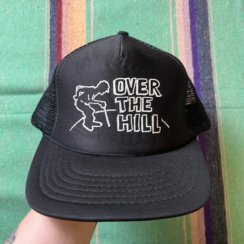 1970s Trucker Hat Unisex OSFM Black Over The Hill Funny Graphic Mesh Cap